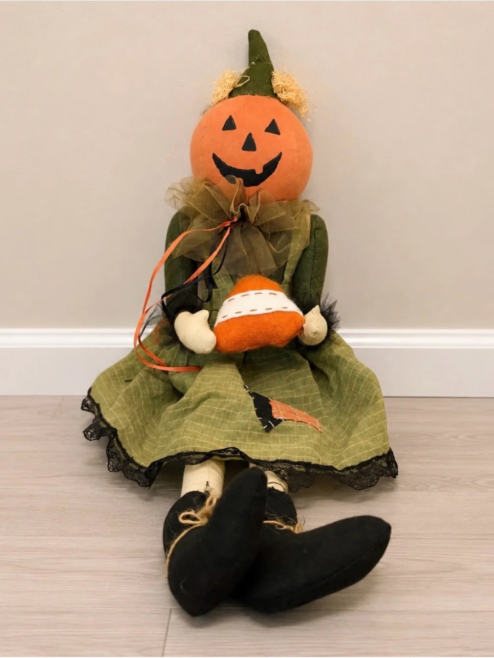 Weighted Primitive Pumpkin Shelf Sitter Halloween Doll Candy Corn Decor 21”